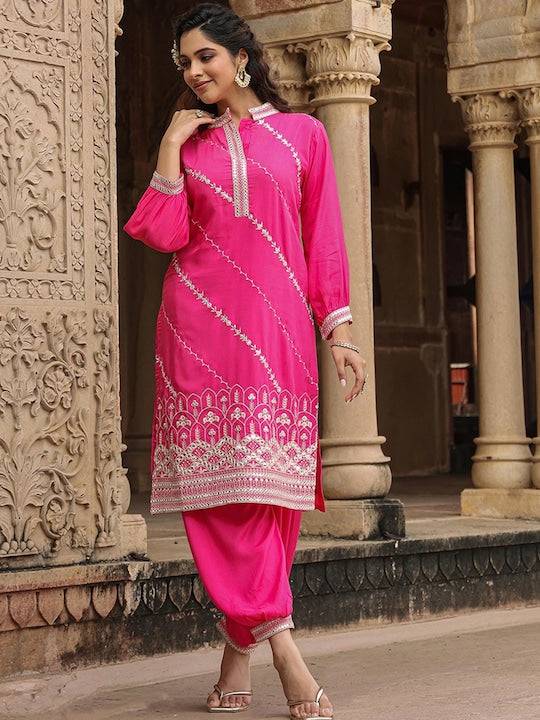 Scakhi Ethnic Motifs Embroidered Mirror Work Mandarin Collar Pure Silk Kurta With Patiala