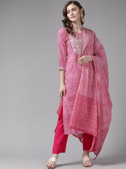 Yufta Women Pink Leheriya Printed Zardozi Kurta with Trousers & With Dupatta