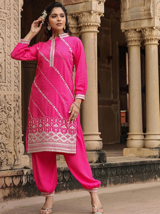 Scakhi Ethnic Motifs Embroidered Mirror Work Mandarin Collar Pure Silk Kurta With Patiala