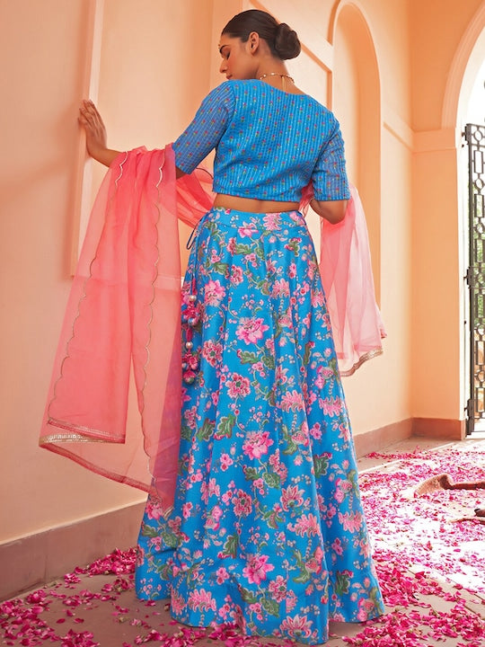 Janasya Floral Printed Sequinned Ready to Wear Lehenga & Blouse With Dupatta