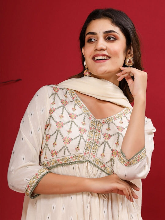 Readiprint Fashions Floral Embroidered Pure Cotton Kurta With Trousers & Dupatta