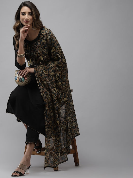 Yufta Women Black Yoke Design Regular Sequinned Pure Cotton Kurta with Trousers & With Dupatta