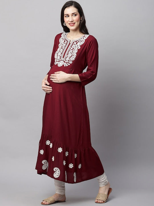 MomToBe Floral Embroidered Notched Neck Maternity A-Line Kurta