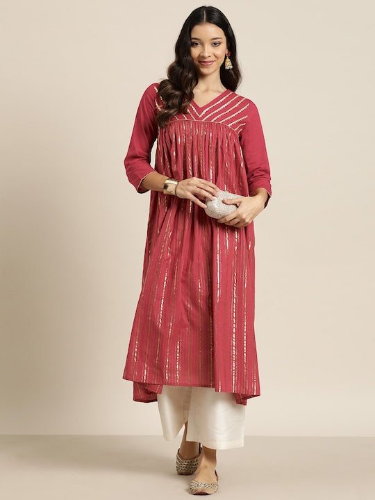 Here&now Women Striped Gotta Patti Empire Kurta