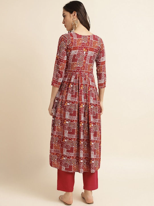 Fabclub Abstract Printed Keyhole Neck A-Line Kurta