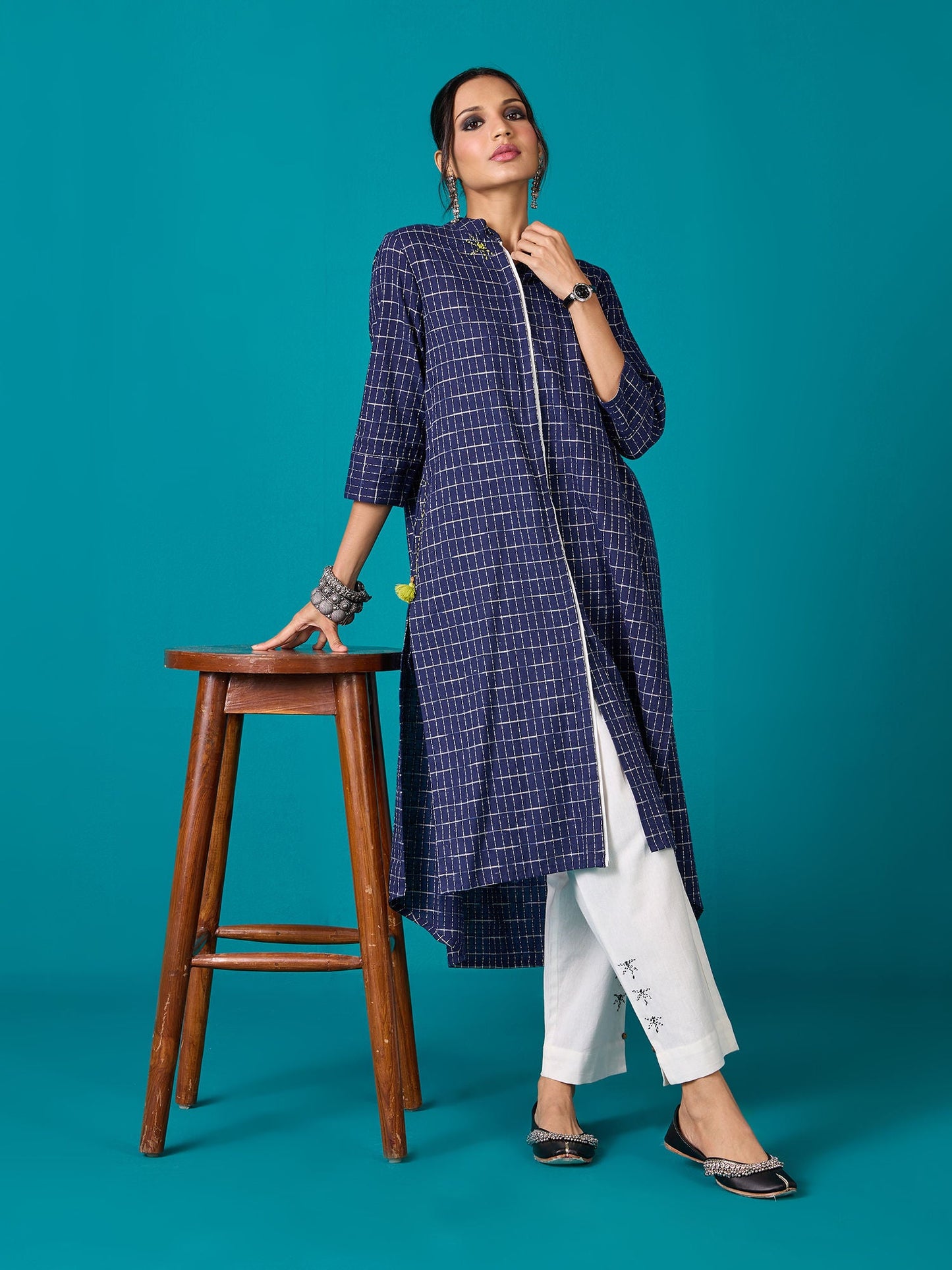 Likha Navy Blue Kora Cotton Yarn Dyed Kurta