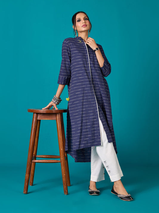 Likha Navy Blue Kora Cotton Yarn Dyed Kurta