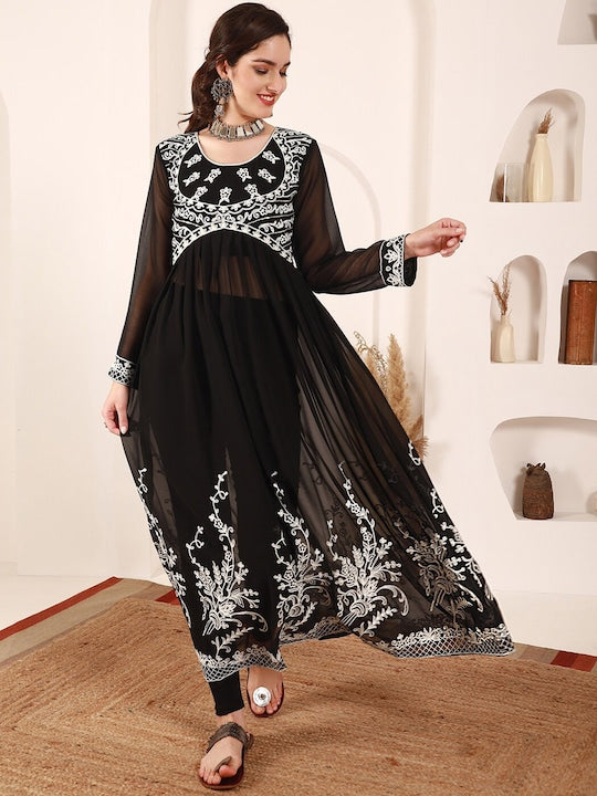Here&now Floral Embroidered Thread Work Empire Kurta