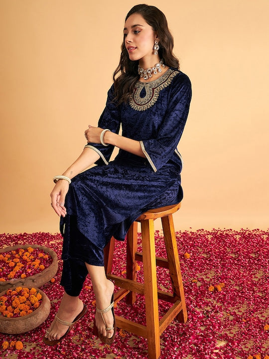 Shae by Sassafras Navy Blue Thread Work Velvet Straight Kurta