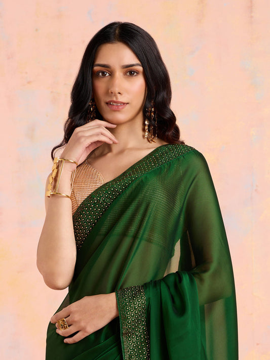 Likha Dark Green Georgette Embellished and Sequined Saree with Unstitched Blouse LIKSAR17 (Free Size)