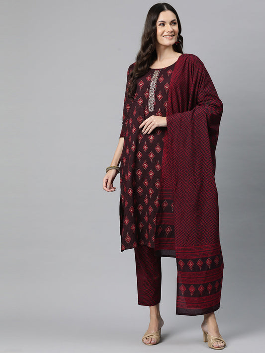 Readiprint Fashions Ethnic Motifs Printed Beads & Stones Pure Cotton Kurta Set