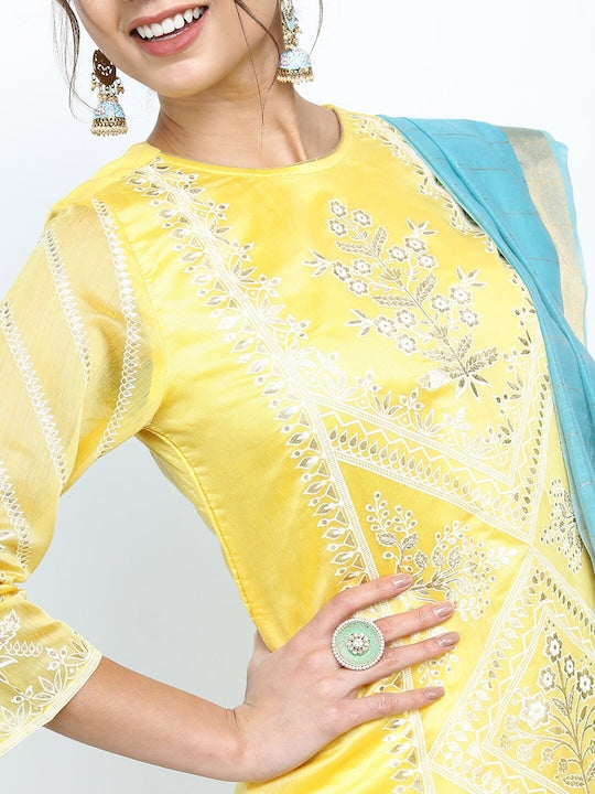 Vishudh Women Yellow Ethnic Motifs Printed Kurti with Palazzos & With Dupatta