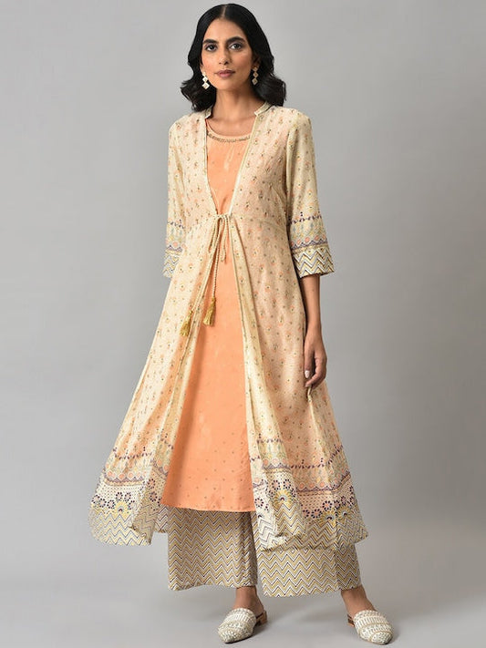 AURELIA Women Beige Ethnic Motifs Printed Layered Kurta with Palazzo