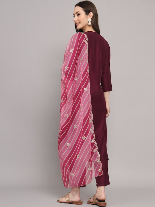 Myshka Ethnic Motifs Embroidered Gotta Patti Pure Silk Kurta With Trousers & Dupatta