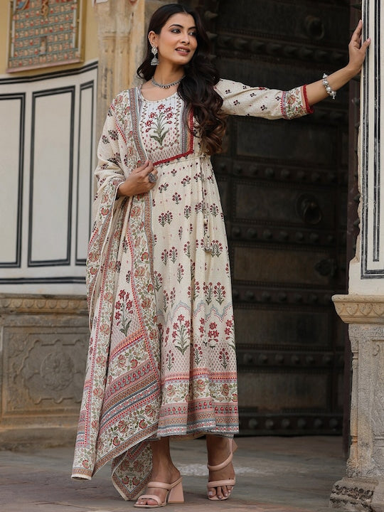 Juniper Beige & Red Floral Printed Cotton Ethnic Dress With Dupatta