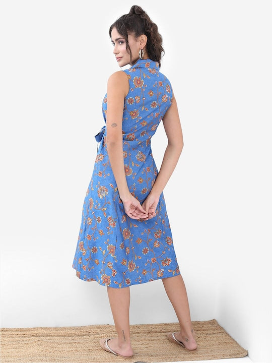 Vishudh Blue & Brown Colour Floral Printed & Belted Detailed Fit & Flare Midi Dress