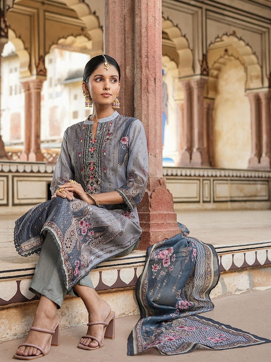 Scakhi Floral Printed Beads and Stones Chanderi Silk Kurta With Trousers & Dupatta
