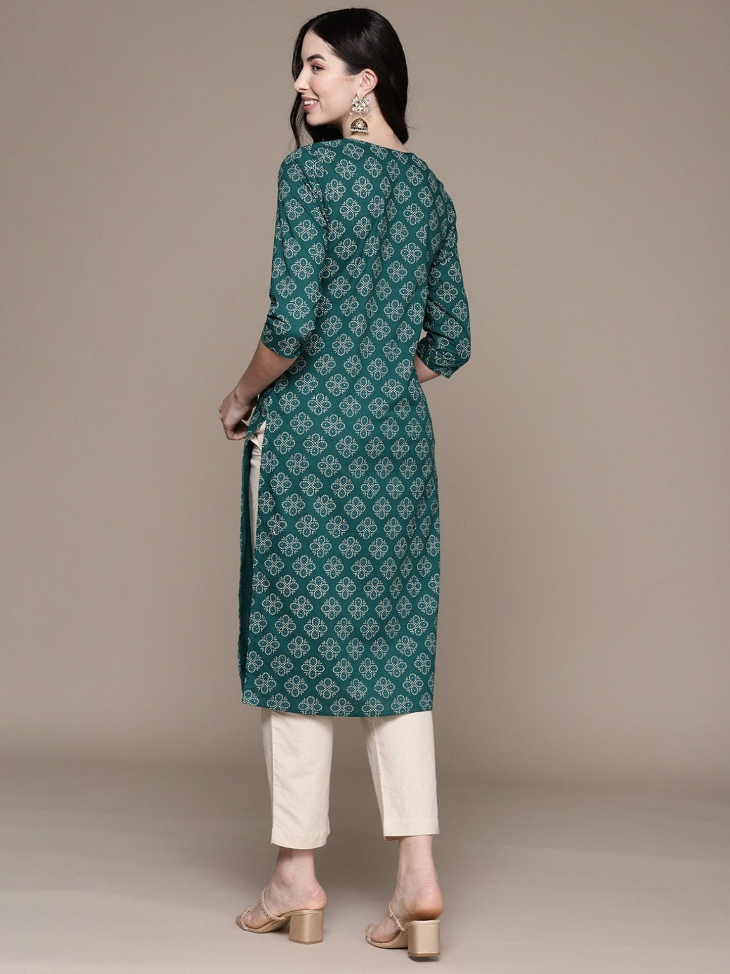 ISHIN Womens Cotton Ethnic Motifs Teal Printed Straight Kurta