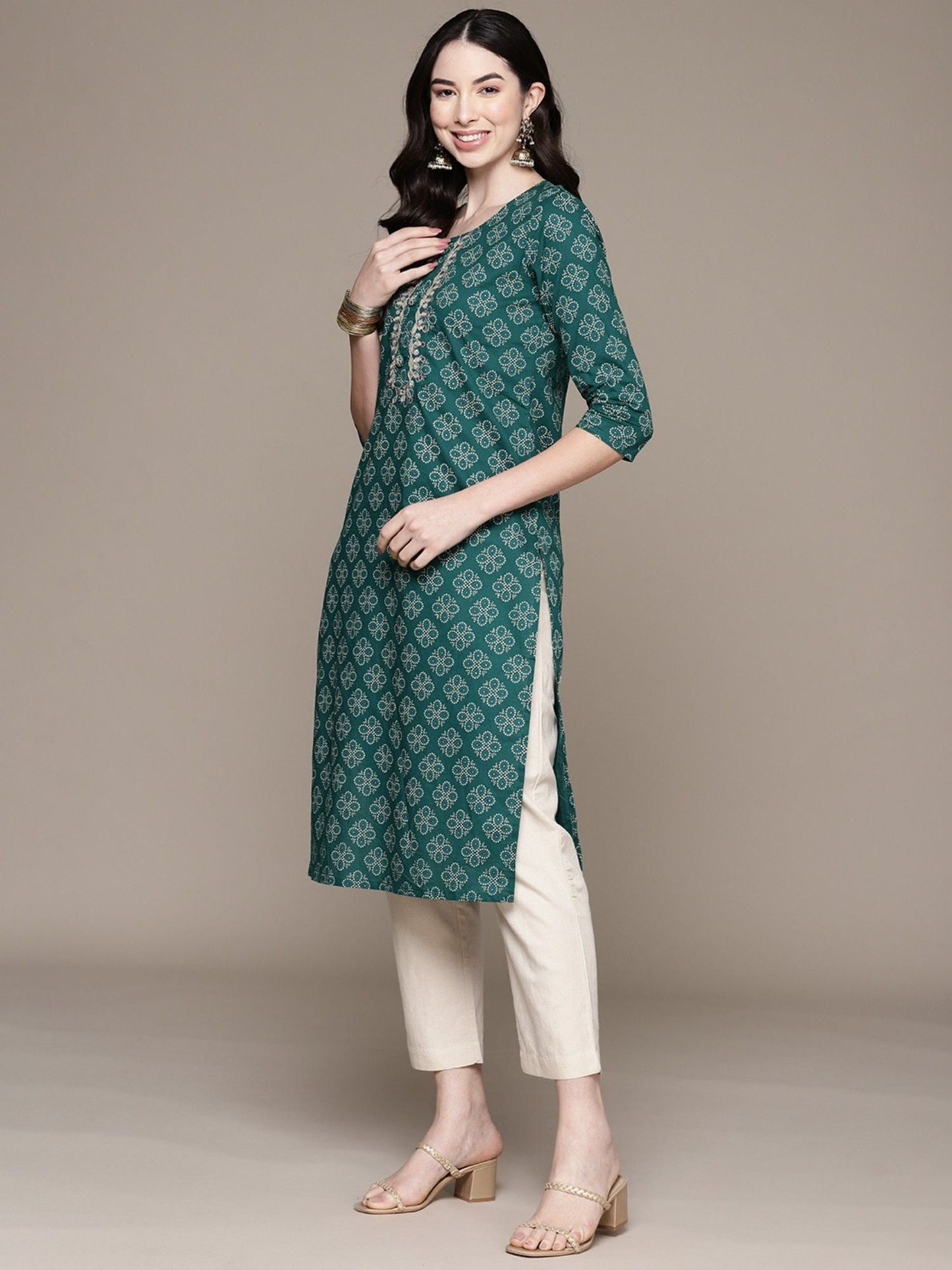 ISHIN Womens Cotton Ethnic Motifs Teal Printed Straight Kurta