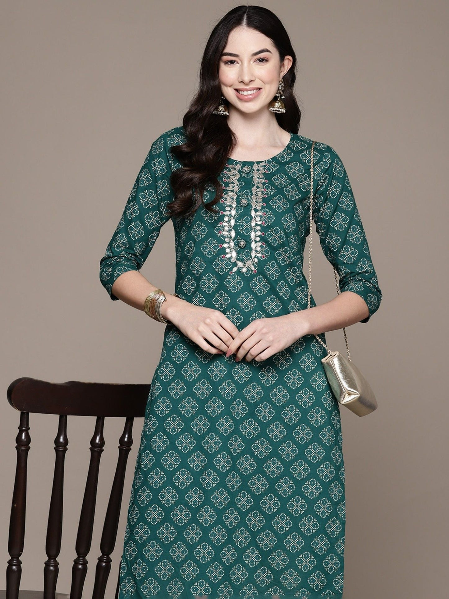 ISHIN Womens Cotton Ethnic Motifs Teal Printed Straight Kurta