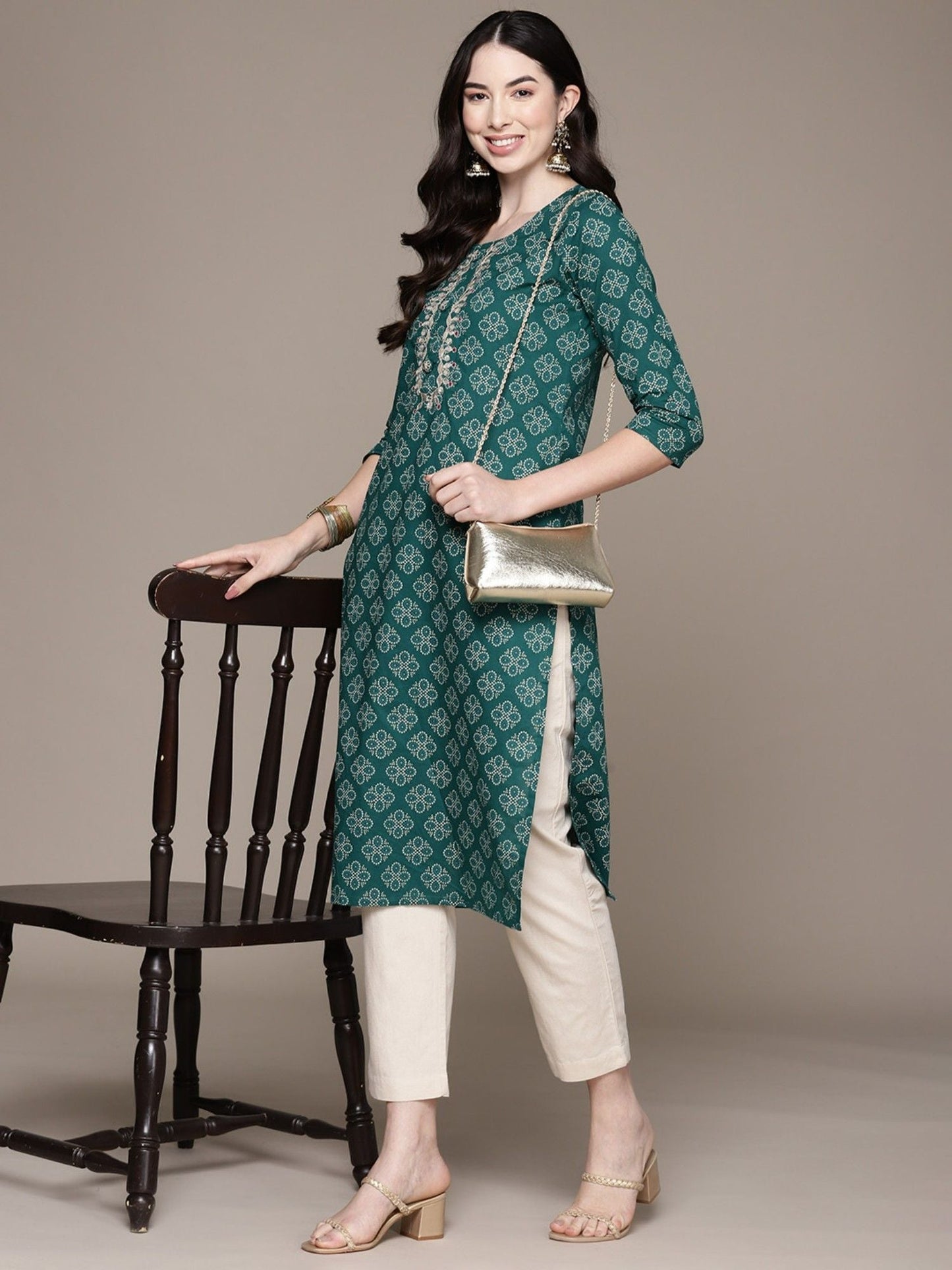 ISHIN Womens Cotton Ethnic Motifs Teal Printed Straight Kurta