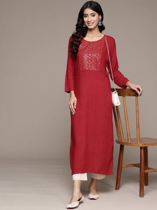 ISHIN Womens Embellished Maroon Embroidered Straight Kurta