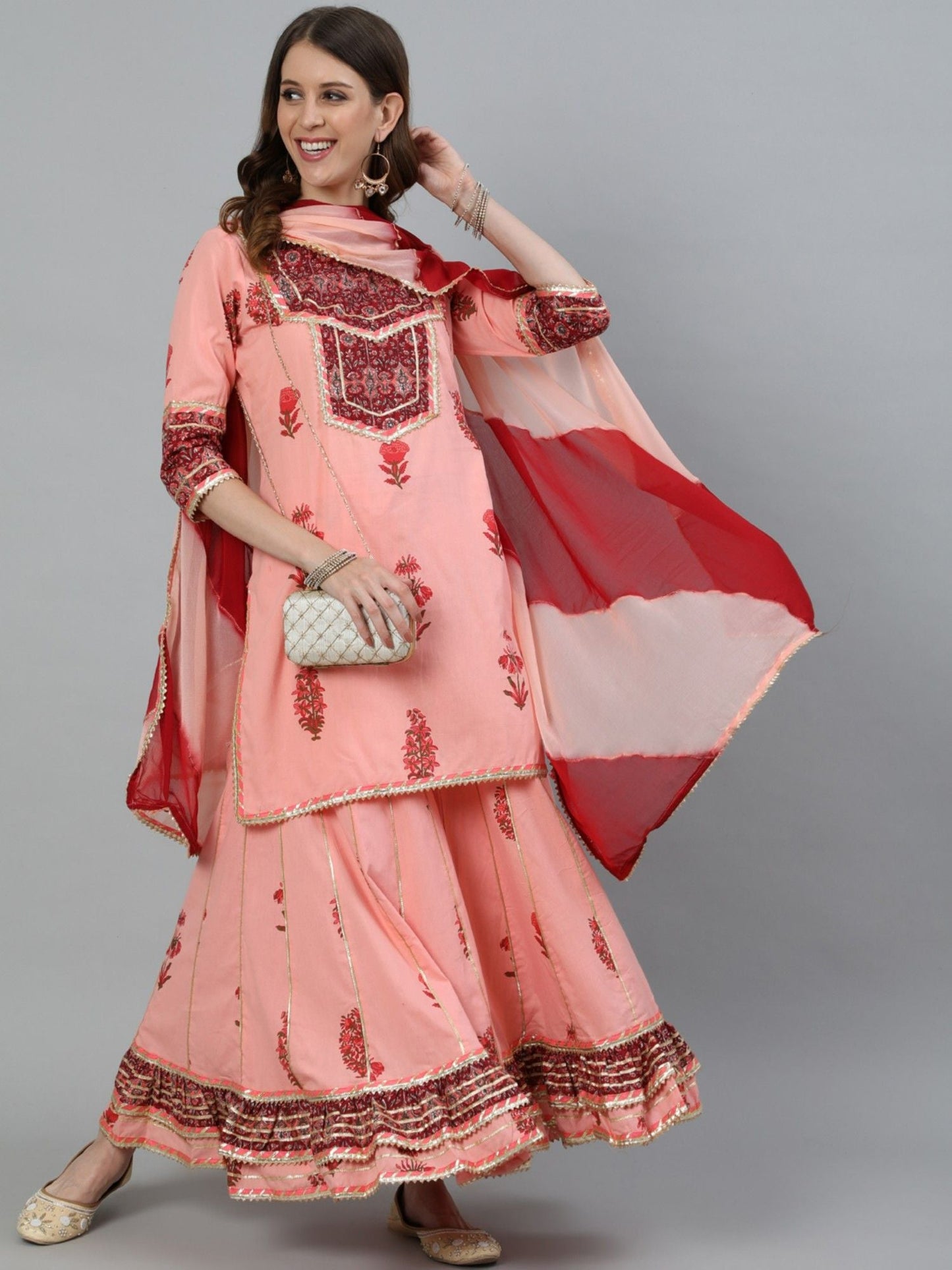 ISHIN Womens Peach Embroidered A-line Kurta With Sharara & Dupatta (Set of 3)