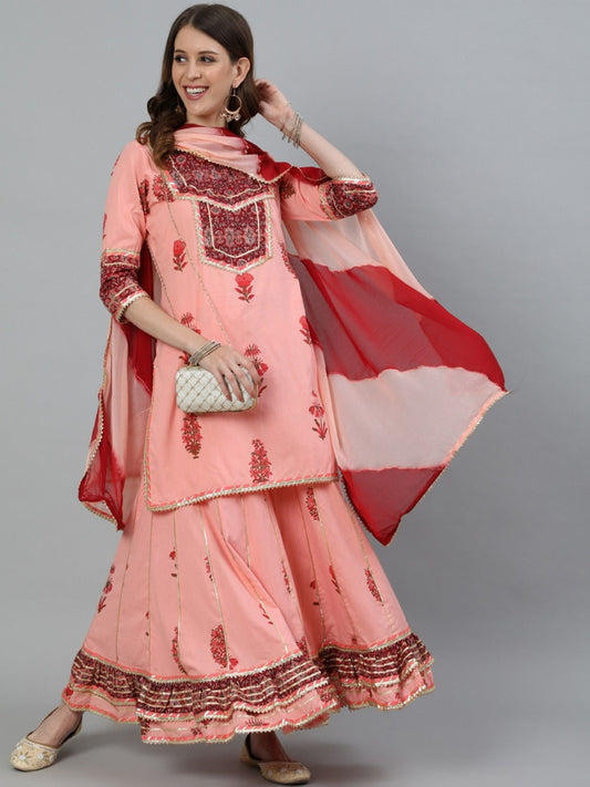 ISHIN Womens Peach Embroidered A-line Kurta With Sharara & Dupatta (Set of 3)