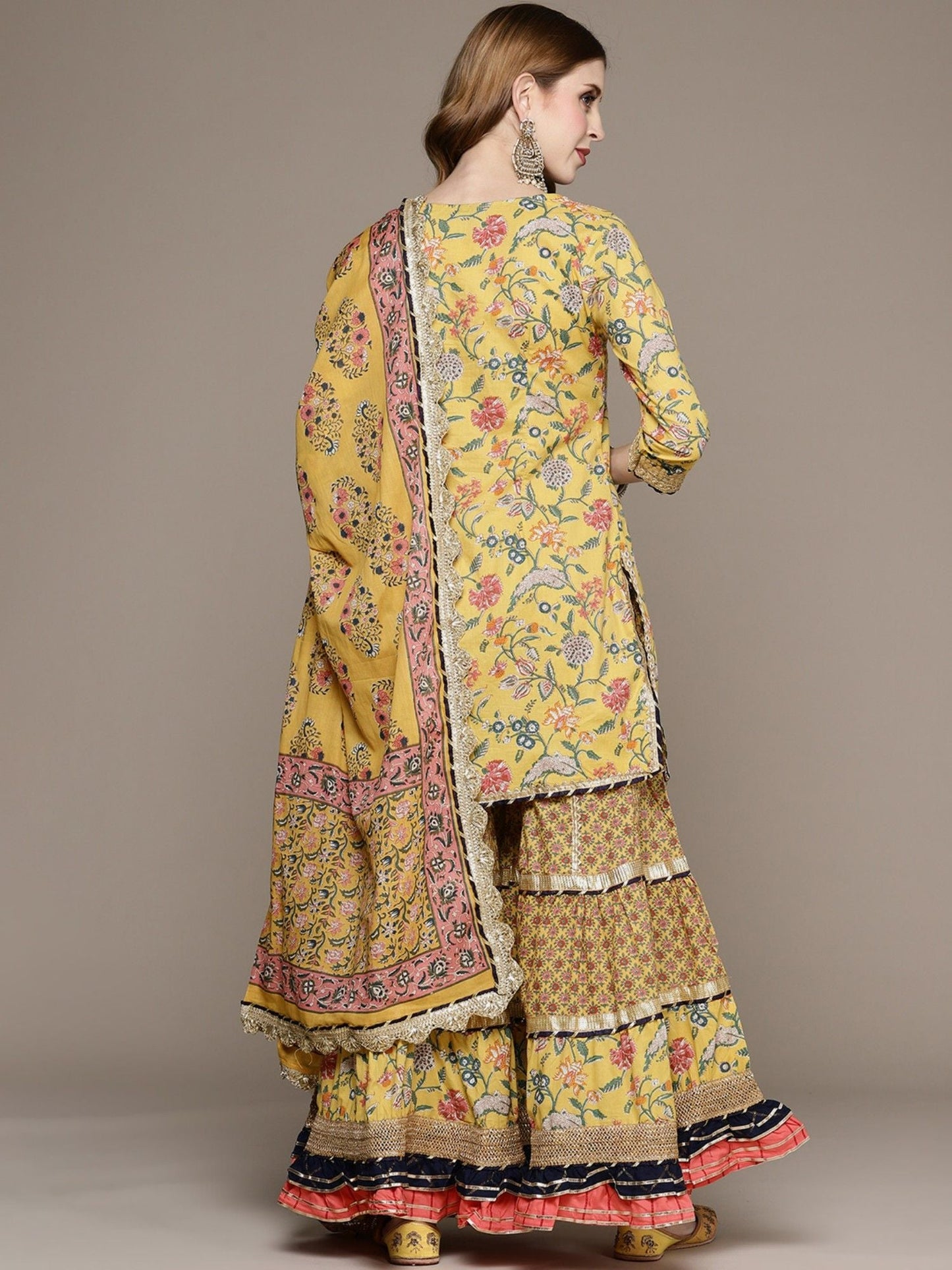 ISHIN Womens Cotton Blend Yellow Embroidered A-line Kurta Sharara Dupatta (Set of 3)