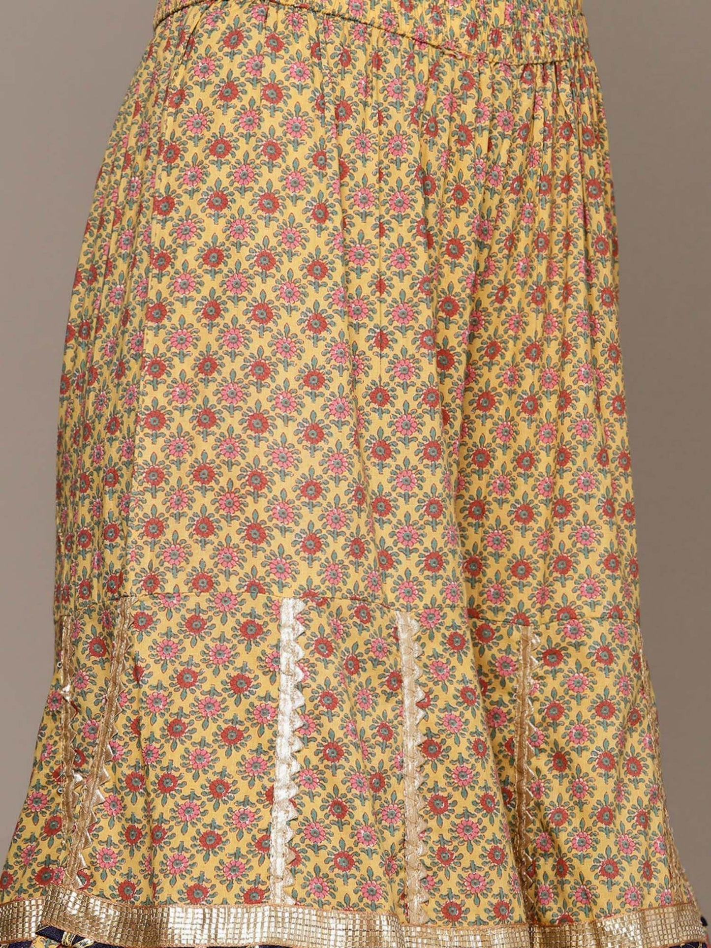 ISHIN Womens Cotton Blend Yellow Embroidered A-line Kurta Sharara Dupatta (Set of 3)