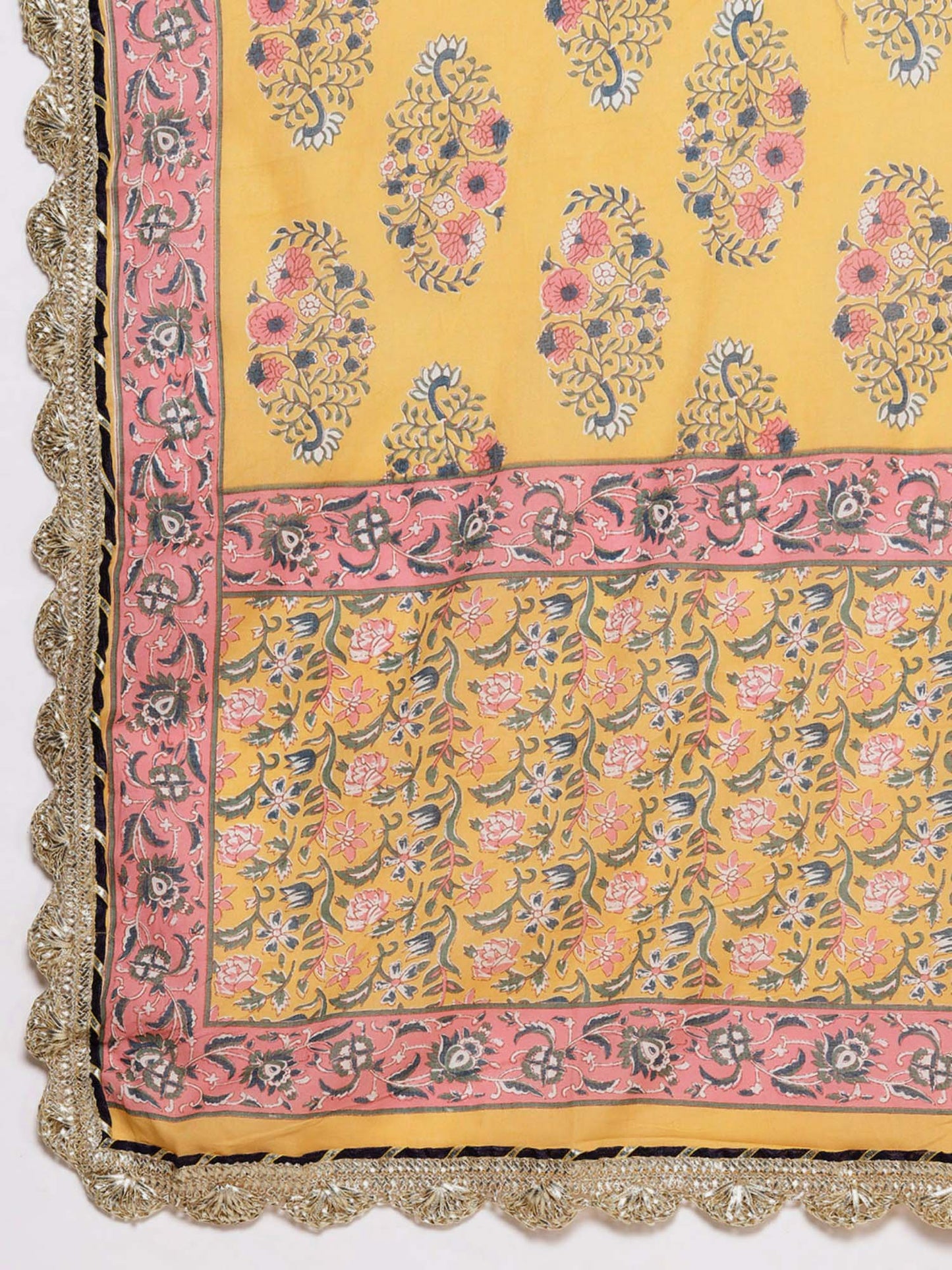 ISHIN Womens Cotton Blend Yellow Embroidered A-line Kurta Sharara Dupatta (Set of 3)