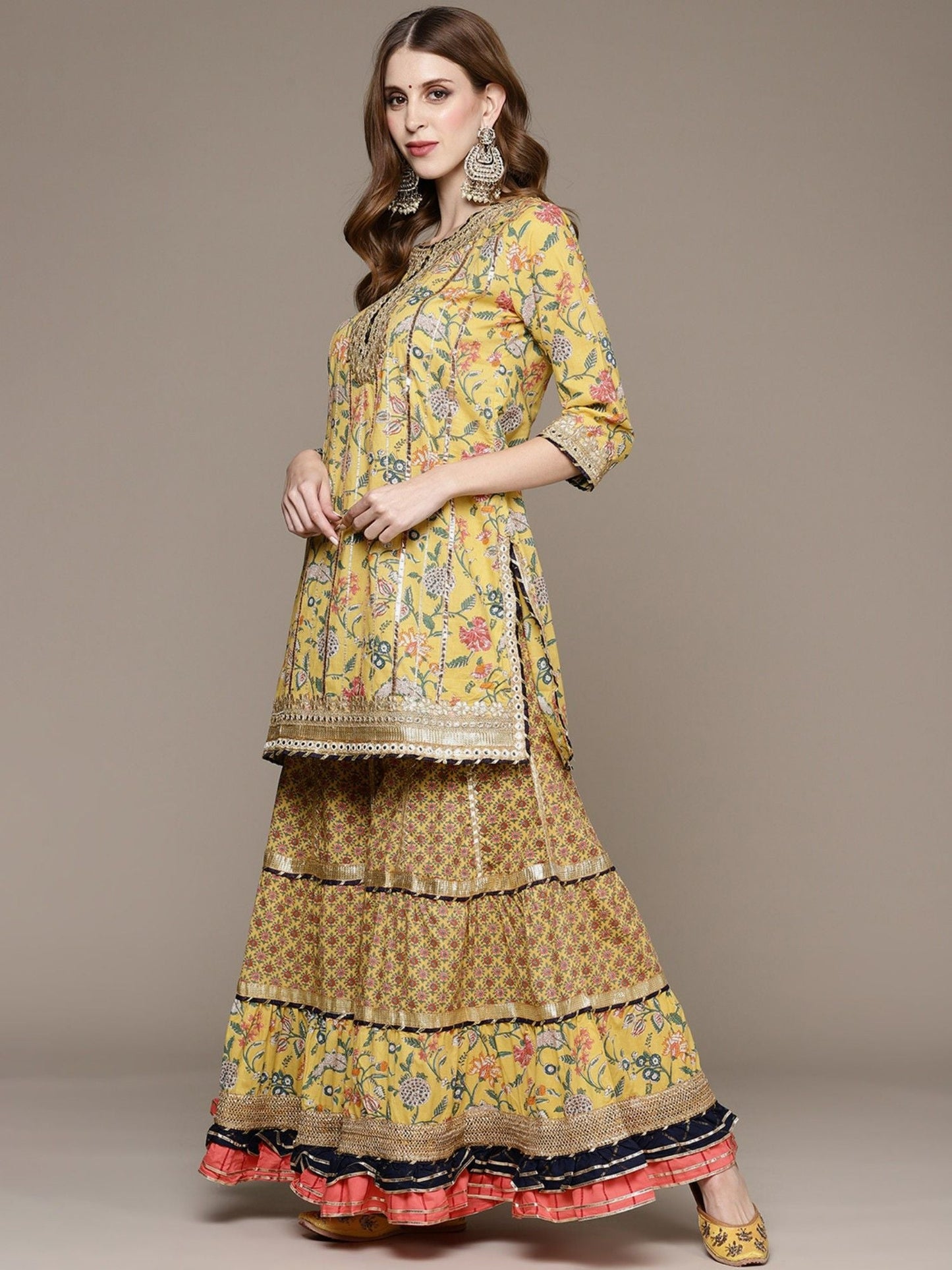 ISHIN Womens Cotton Blend Yellow Embroidered A-line Kurta Sharara Dupatta (Set of 3)