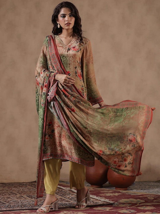 Scakhi Ethnic Motifs Printed Regular Silk Crepe Kurta with Trousers & With Dupatta
