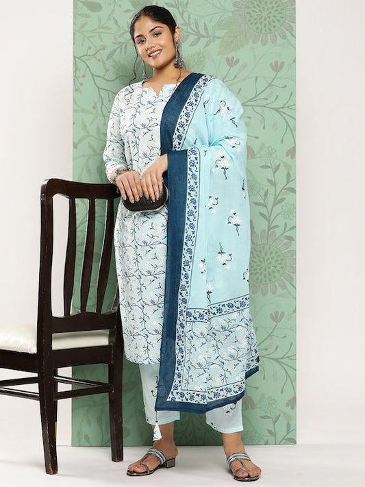 Yufta Plus Size Floral Printed Regular Pure Cotton Kurta With Trousers & Dupatta