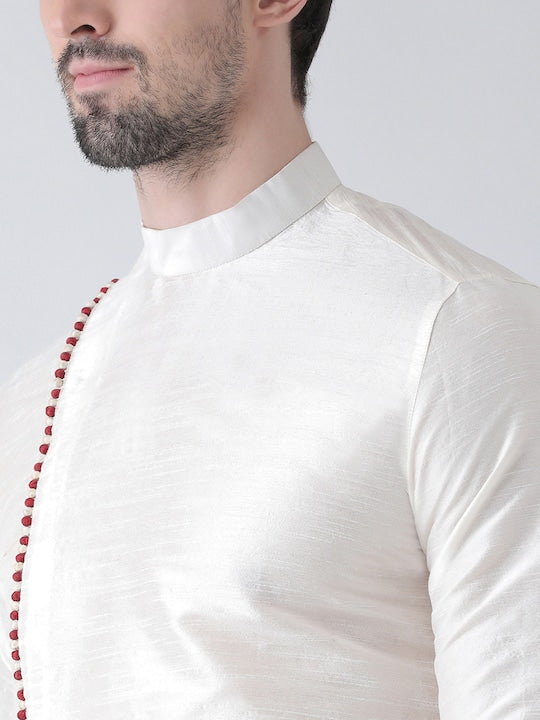 Deyann Men Off-White & Red Dupion Silk Solid Kurta with Patiala