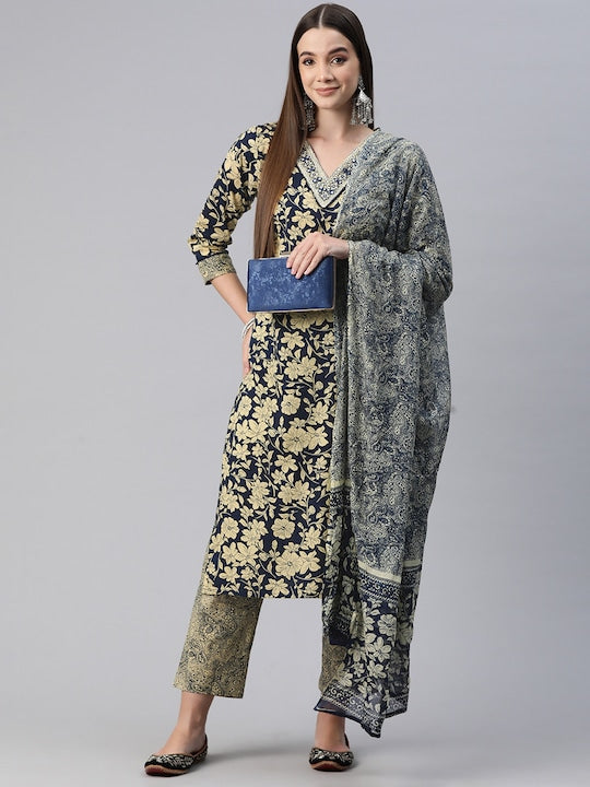 Readiprint Fashions Women Floral Printed Regular Thread Work Pure Cotton Kurta with Trousers & With Dupatta