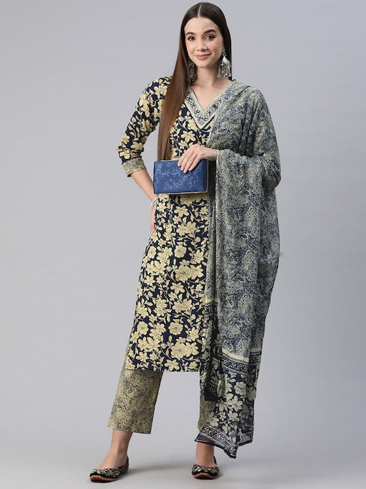 Readiprint Fashions Women Floral Printed Regular Thread Work Pure Cotton Kurta with Trousers & With Dupatta
