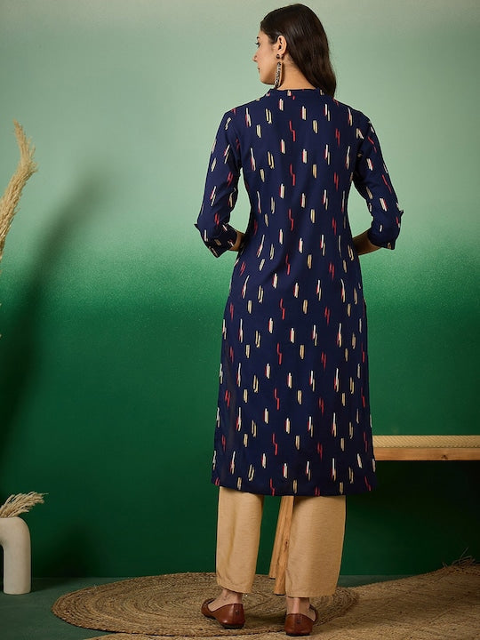 Sangria Abstract Printed Mandarin Collar Cotton Straight Kurta