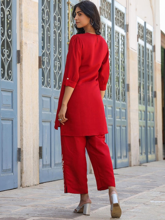 Scakhi Puffed Sleeves Thread Work Detail Straight Kurta With Trousers