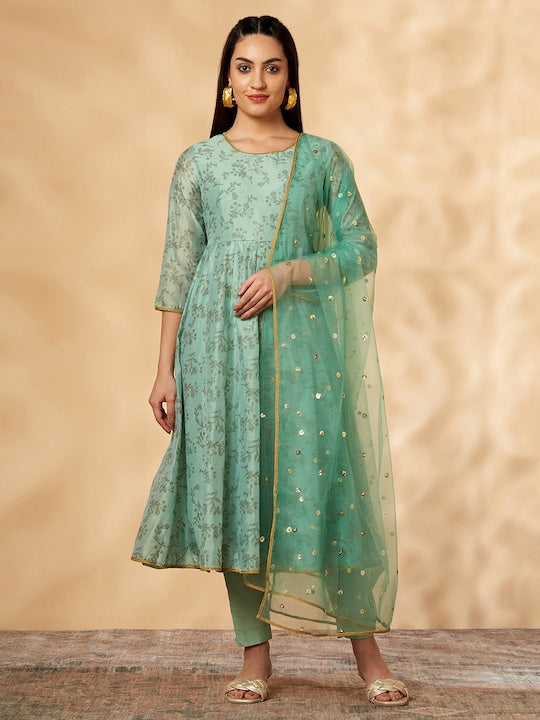 IMARA Floral Printed Embroidered Sequinned Anarkali Kurta with Churidar & Dupatta