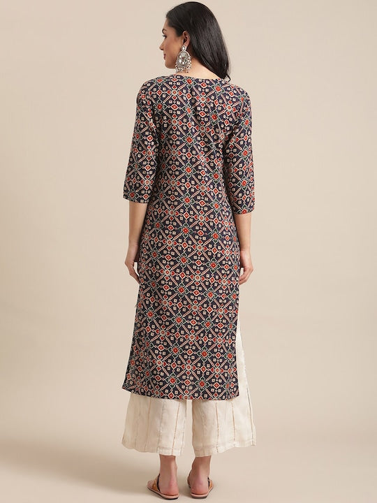 Varanga Women Navy Blue & Beige Ethnic Motifs Printed Keyhole Neck Gotta Patti Kurta