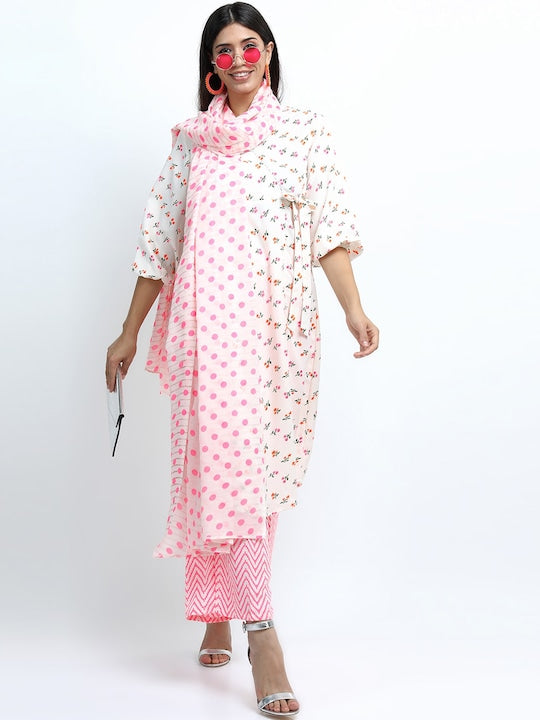Vishudh Women Off White Floral Printed Empire Kurta with Palazzos & Dupatta