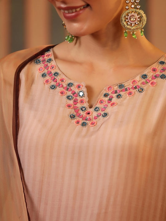 Scakhi Striped Mirror Work Kurta with Trousers & Dupatta