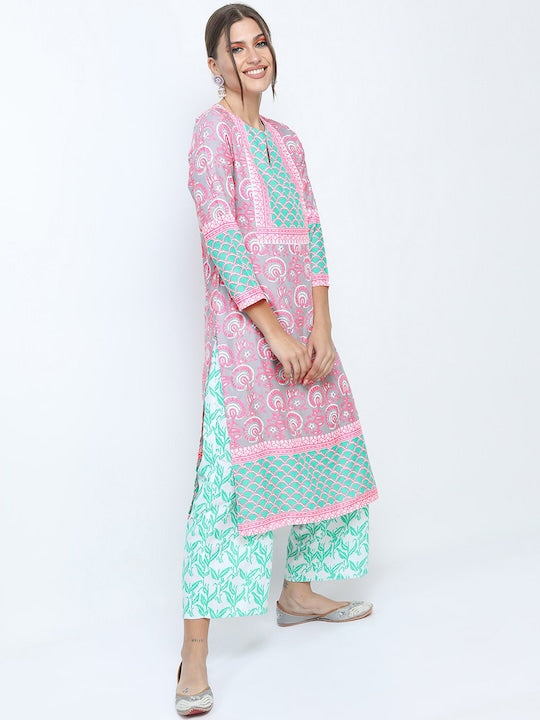 Vishudh Women Grey Floral Printed Straight Kurti with Trousers & With Dupatta