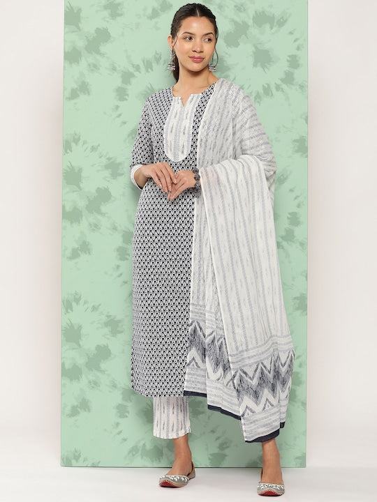 Yufta Ethnic Motifs Printed Pure Cotton Kurta with Trousers & Dupatta