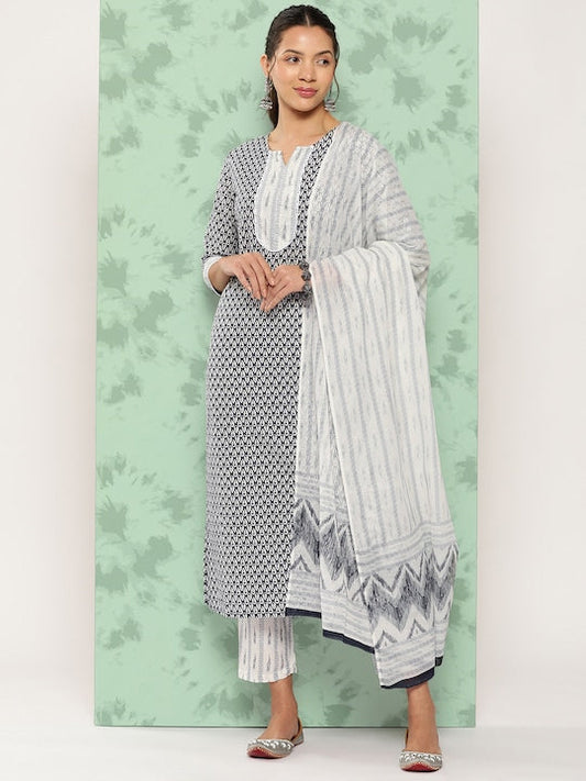 Yufta Ethnic Motifs Printed Pure Cotton Kurta with Trousers & Dupatta