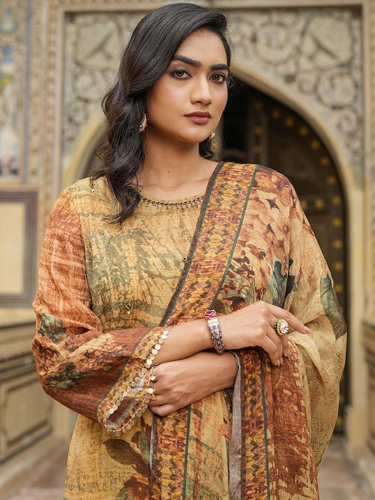 SCAKHI Floral Printed Beads Flared Sleeves A-Line Kurta With Trousers & Dupatta