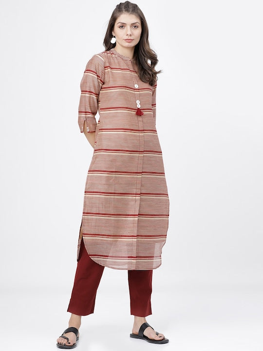 Vishudh Women Maroon & Beige Striped Band Collar Thread Work Kurta