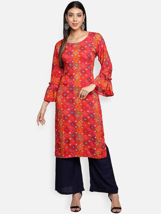 Fabclub Pink Ethnic Motifs Printed Viscose Rayon Straight Kurta