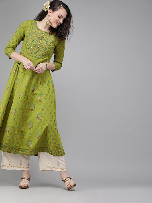 Yufta Women Green & Brown Printed A-Line Panelled Kurta